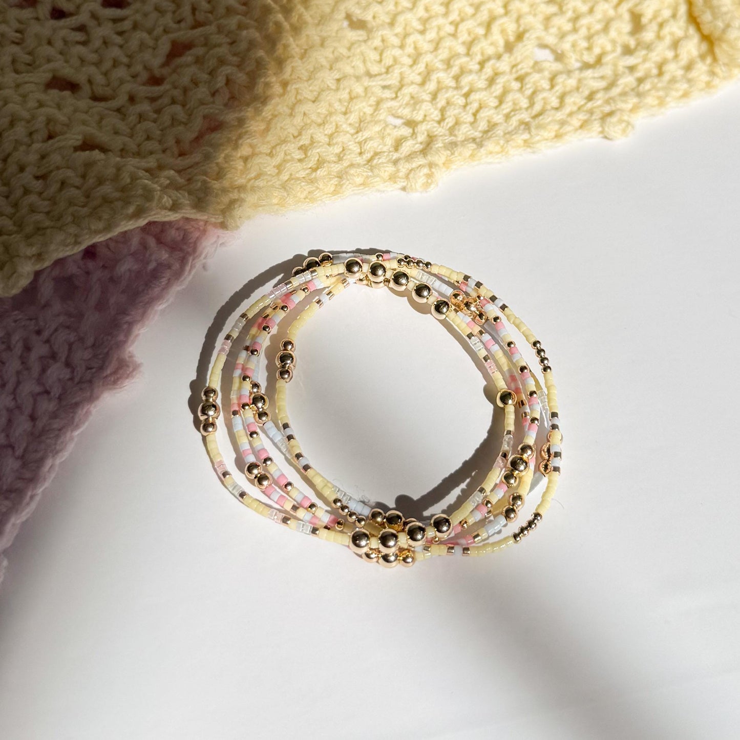 Signature Pastel Stack | 14k Gold Filled Non-Tarnish with Baby Blue, Butter Yellow and Pink  Seed Beads | Stretch Bracelet Stack | Tiny Beads