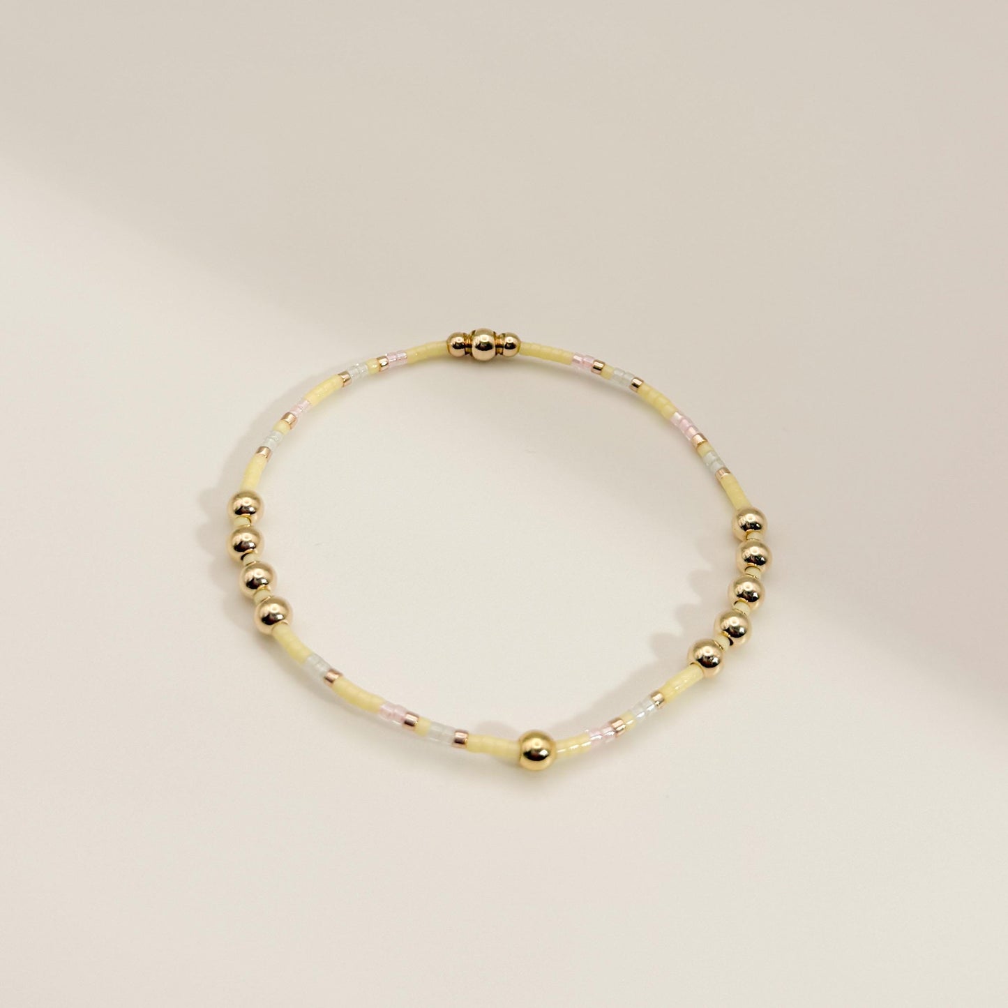Signature Pastel Stack | 14k Gold Filled Non-Tarnish with Baby Blue, Butter Yellow and Pink  Seed Beads | Stretch Bracelet Stack | Tiny Beads