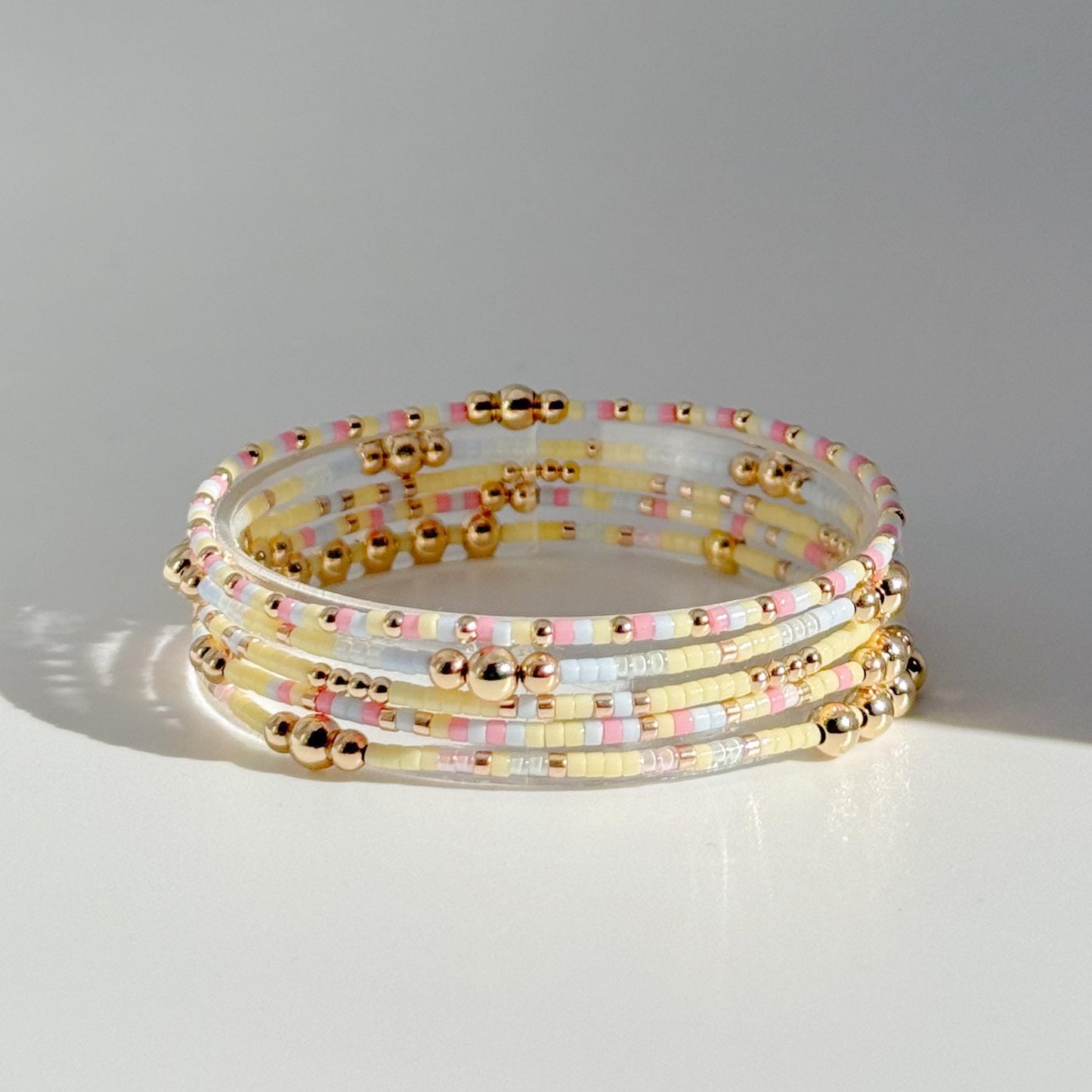 Signature Pastel Stack | 14k Gold Filled Non-Tarnish with Baby Blue, Butter Yellow and Pink  Seed Beads | Stretch Bracelet Stack | Tiny Beads