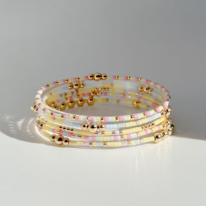 Signature Pastel Stack | 14k Gold Filled Non-Tarnish with Baby Blue, Butter Yellow and Pink  Seed Beads | Stretch Bracelet Stack | Tiny Beads