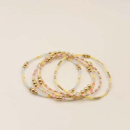 Signature Pastel Stack | 14k Gold Filled Non-Tarnish with Baby Blue, Butter Yellow and Pink  Seed Beads | Stretch Bracelet Stack | Tiny Beads