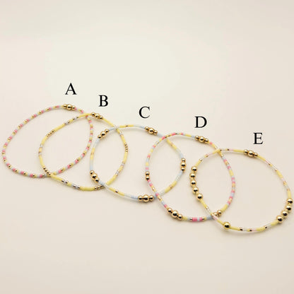 Signature Pastel Stack | 14k Gold Filled Non-Tarnish with Baby Blue, Butter Yellow and Pink  Seed Beads | Stretch Bracelet Stack | Tiny Beads