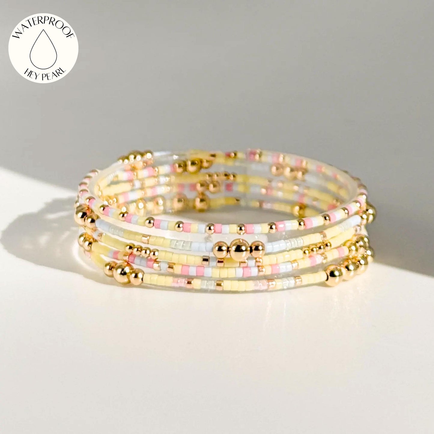 Signature Pastel Stack | 14k Gold Filled Non-Tarnish with Baby Blue, Butter Yellow and Pink  Seed Beads | Stretch Bracelet Stack | Tiny Beads