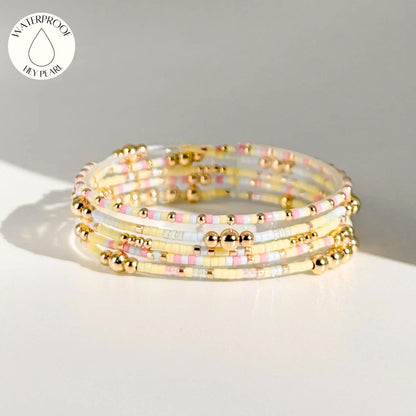 Signature Pastel Stack | 14k Gold Filled Non-Tarnish with Baby Blue, Butter Yellow and Pink  Seed Beads | Stretch Bracelet Stack | Tiny Beads