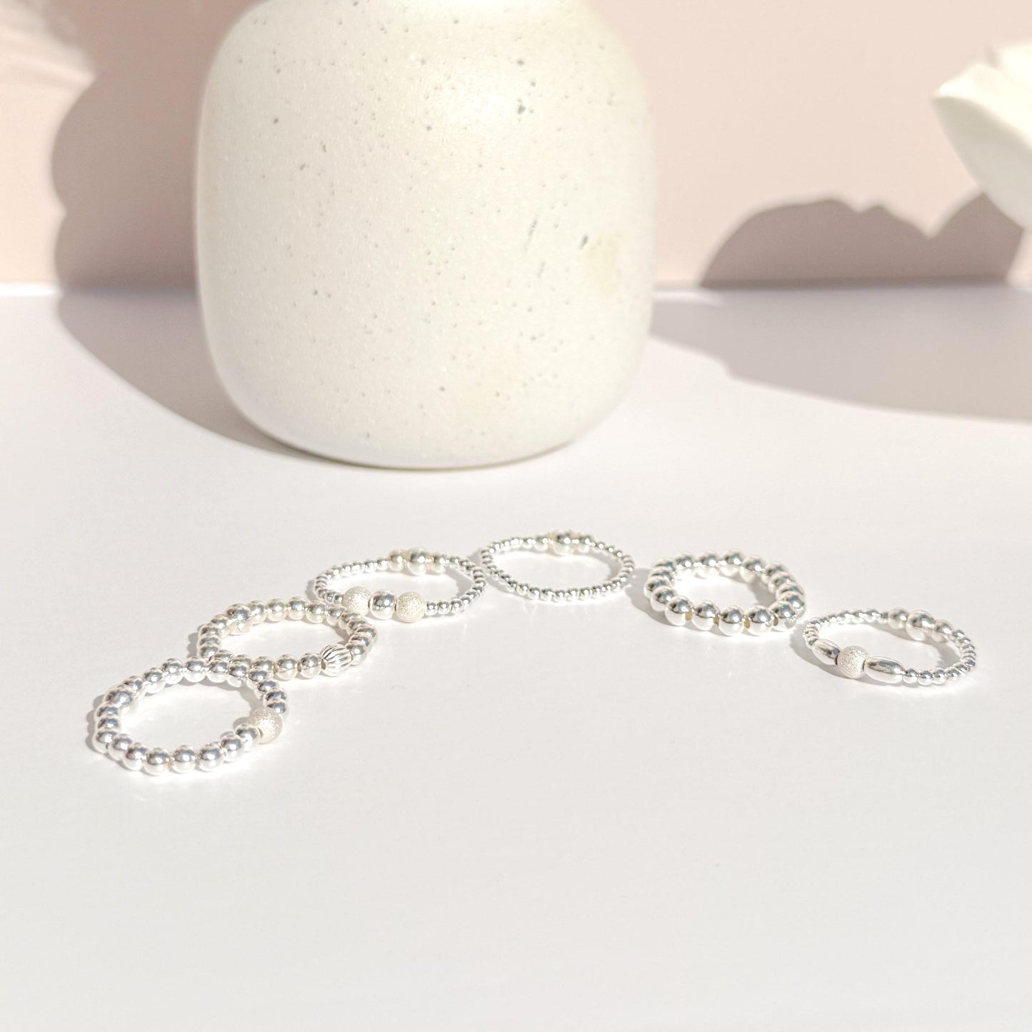 Signature Silver Beaded Rings | 925 Sterling Silver Non-Tarnish| Stretch Beaded Rings | Stacking