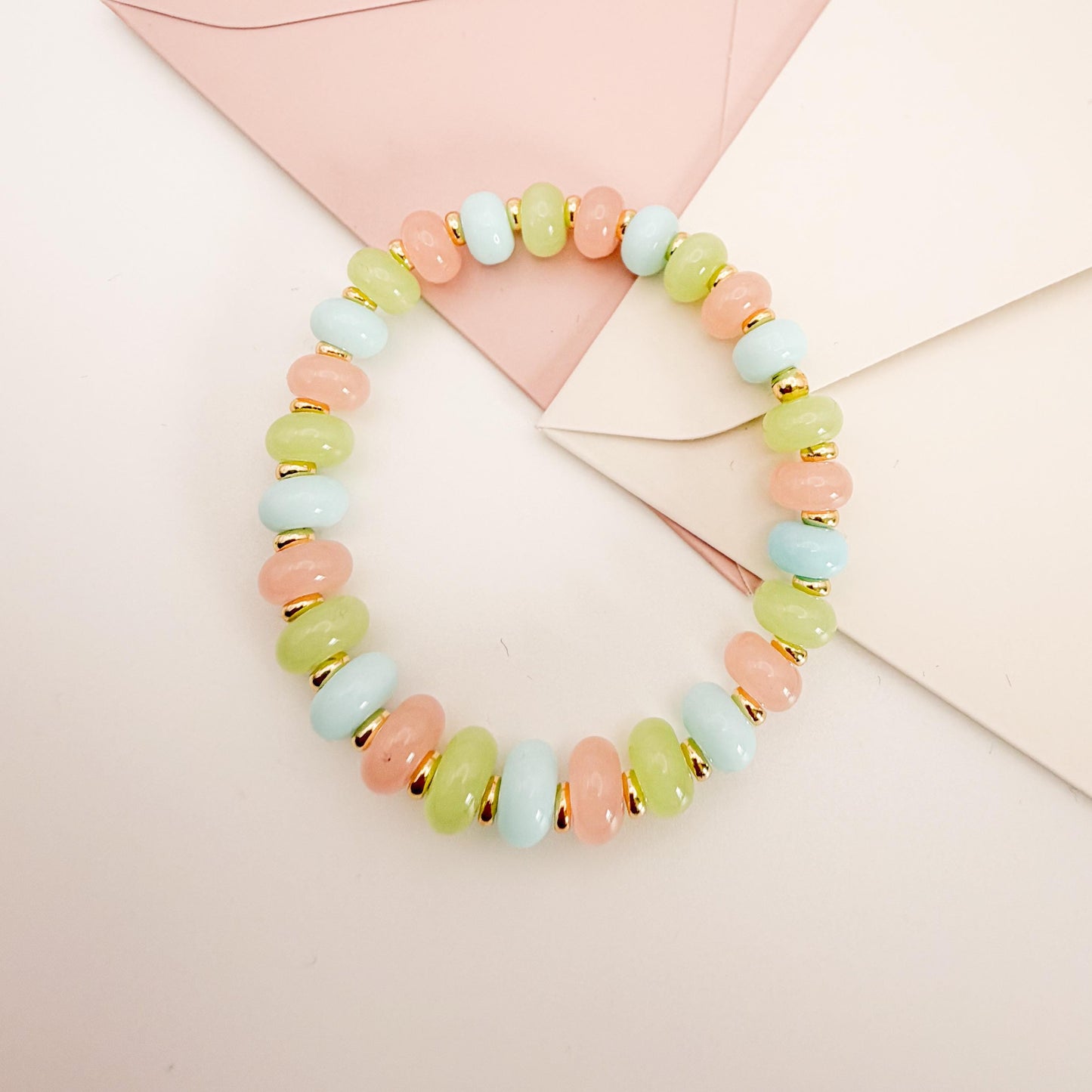 Pastel Multi-color Mix  | 18k Gold Filled with Pink, Green and Baby Blue Flat Rondelle Beads | Colorful | Beaded Stretch Bracelet | Flat