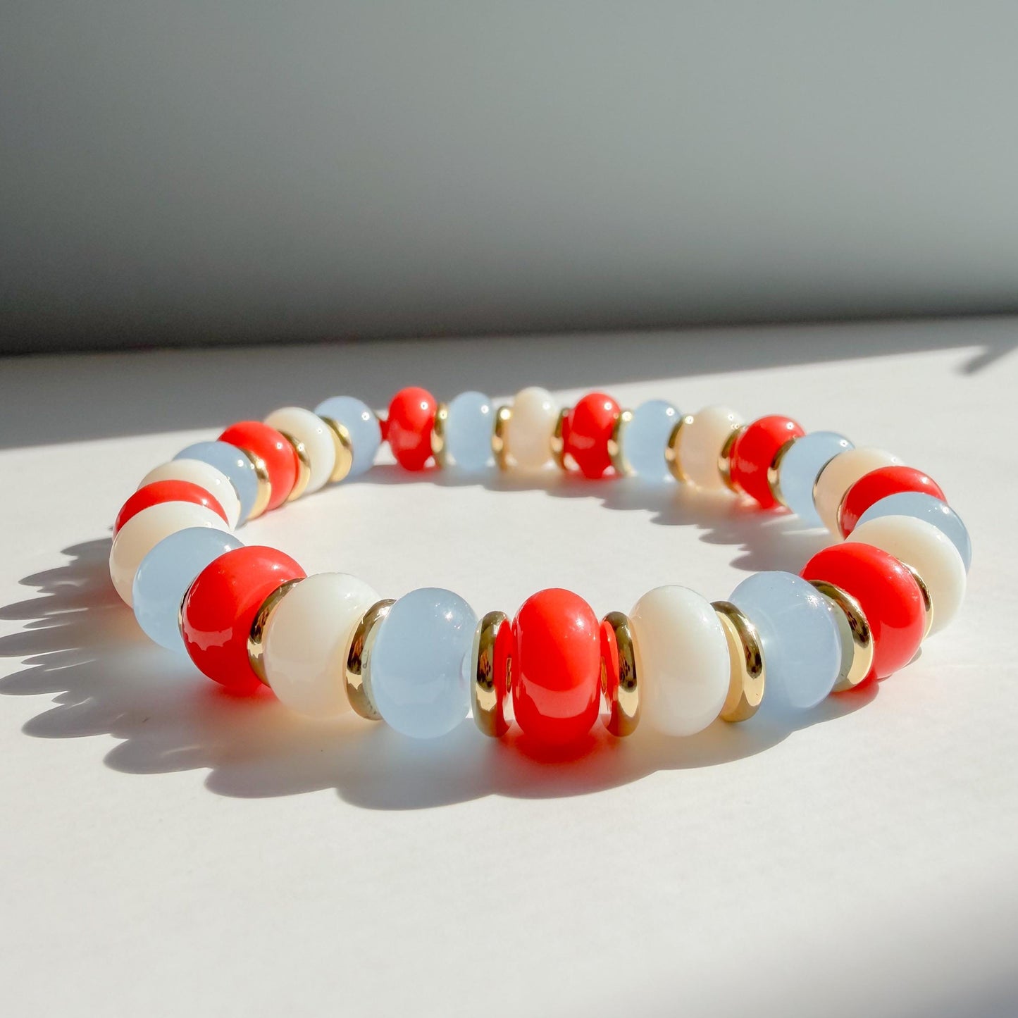 Nautical Mix  | 18k Gold Filled with Red, White and Soft Blue Flat Rondelle Beads | Colorful | Beaded Stretch Bracelet | Transparent bead