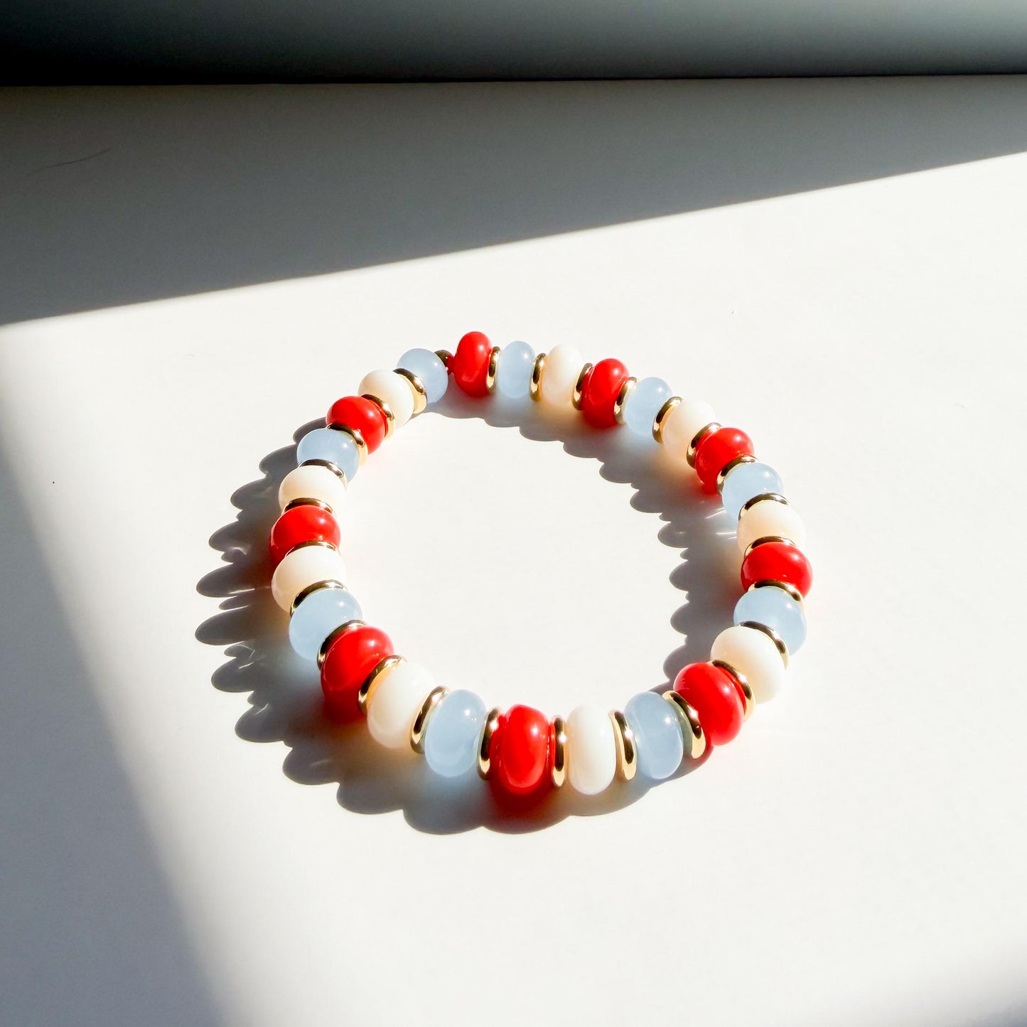 Nautical Mix  | 18k Gold Filled with Red, White and Soft Blue Flat Rondelle Beads | Colorful | Beaded Stretch Bracelet | Transparent bead