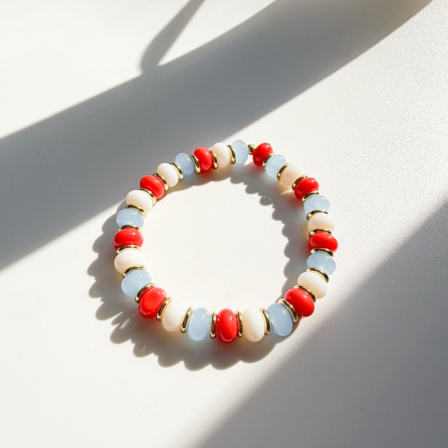 Nautical Mix  | 18k Gold Filled with Red, White and Soft Blue Flat Rondelle Beads | Colorful | Beaded Stretch Bracelet | Transparent bead