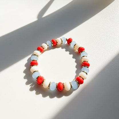 Nautical Mix  | 18k Gold Filled with Red, White and Soft Blue Flat Rondelle Beads | Colorful | Beaded Stretch Bracelet | Transparent bead