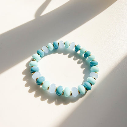 Ocean Blues Mix  | 18k Gold Filled with Blue, Soft Blue and Teal Flat Rondelle Beads | Colorful | Beaded Stretch Bracelet | Transparent bead