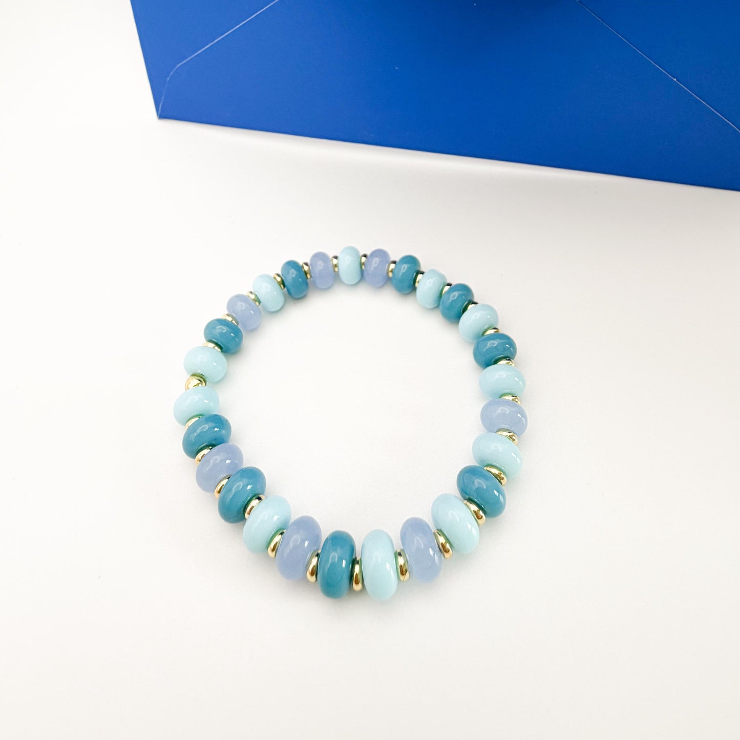 Ocean Blues Mix  | 18k Gold Filled with Blue, Soft Blue and Teal Flat Rondelle Beads | Colorful | Beaded Stretch Bracelet | Transparent bead