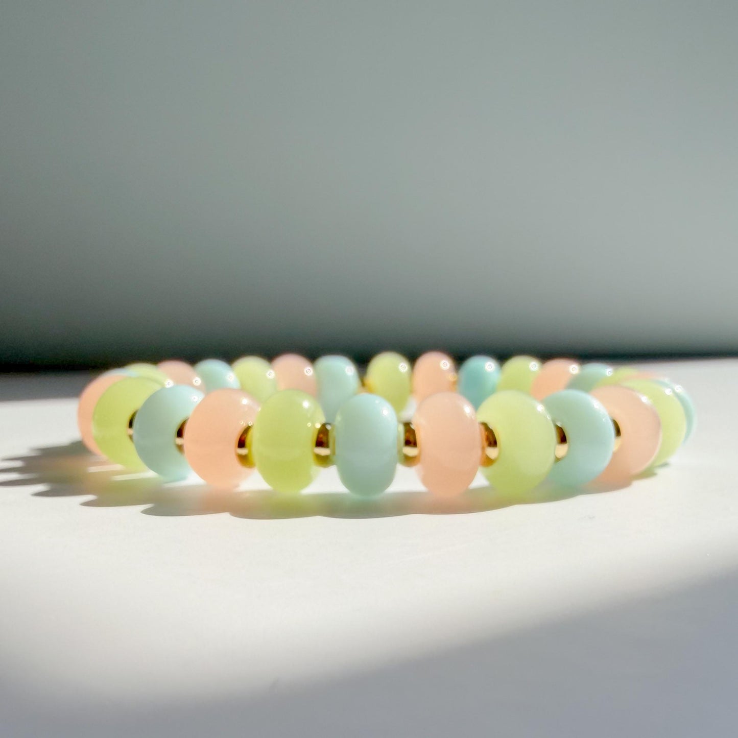 Pastel Multi-color Mix  | 18k Gold Filled with Pink, Green and Baby Blue Flat Rondelle Beads | Colorful | Beaded Stretch Bracelet | Flat