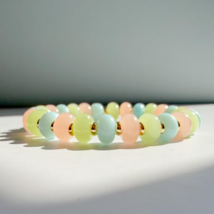 Pastel Multi-color Mix  | 18k Gold Filled with Pink, Green and Baby Blue Flat Rondelle Beads | Colorful | Beaded Stretch Bracelet | Flat