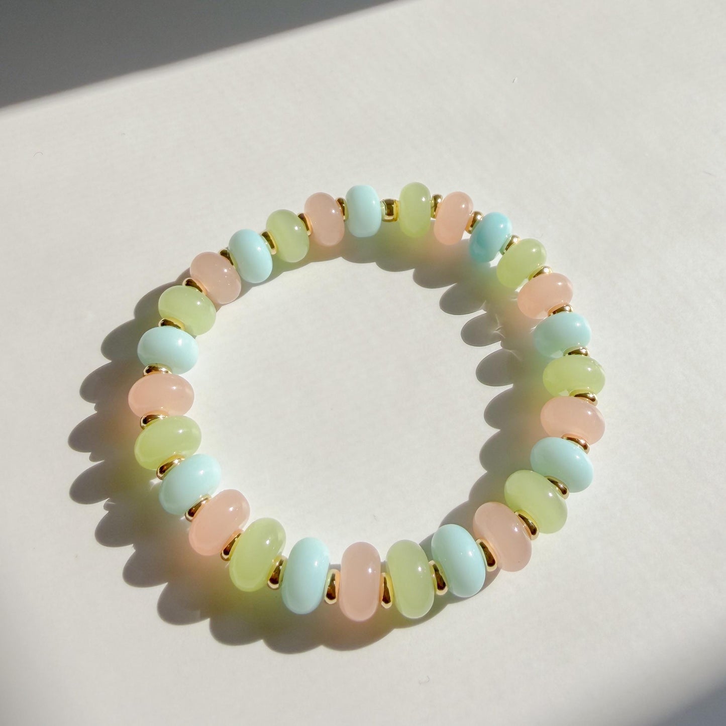 Pastel Multi-color Mix  | 18k Gold Filled with Pink, Green and Baby Blue Flat Rondelle Beads | Colorful | Beaded Stretch Bracelet | Flat