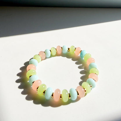 Pastel Multi-color Mix  | 18k Gold Filled with Pink, Green and Baby Blue Flat Rondelle Beads | Colorful | Beaded Stretch Bracelet | Flat