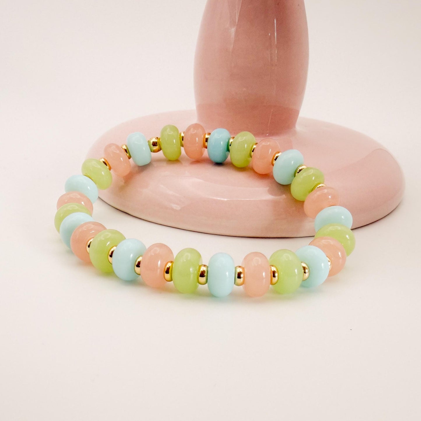 Pastel Multi-color Mix  | 18k Gold Filled with Pink, Green and Baby Blue Flat Rondelle Beads | Colorful | Beaded Stretch Bracelet | Flat