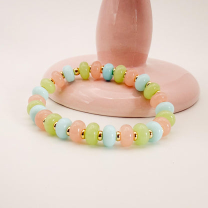 Pastel Multi-color Mix  | 18k Gold Filled with Pink, Green and Baby Blue Flat Rondelle Beads | Colorful | Beaded Stretch Bracelet | Flat