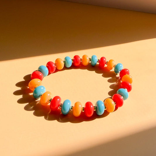 Sunset Brights Mix  | 18k Gold Filled with Blue, Orange and Red Flat Rondelle Beads | Colorful | Beaded Stretch Bracelet | Transparent bead
