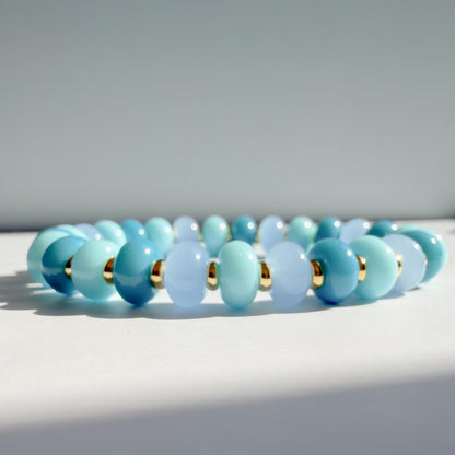 Ocean Blues Mix  | 18k Gold Filled with Blue, Soft Blue and Teal Flat Rondelle Beads | Colorful | Beaded Stretch Bracelet | Transparent bead
