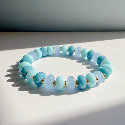 Ocean Blues Mix  | 18k Gold Filled with Blue, Soft Blue and Teal Flat Rondelle Beads | Colorful | Beaded Stretch Bracelet | Transparent bead
