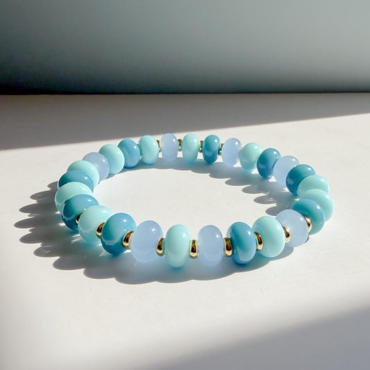 Ocean Blues Mix  | 18k Gold Filled with Blue, Soft Blue and Teal Flat Rondelle Beads | Colorful | Beaded Stretch Bracelet | Transparent bead