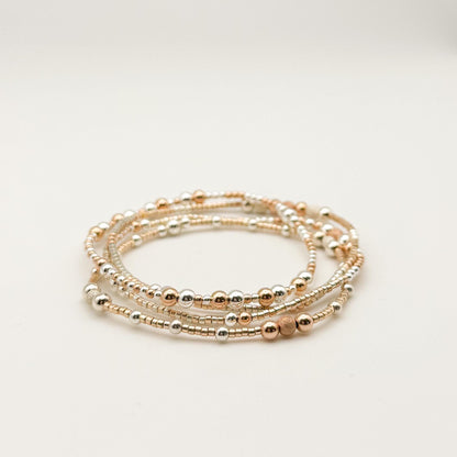 14k Rose Gold Filled & Sterling Silver Beaded Bracelet Stack | Waterproof, Non-Tarnish