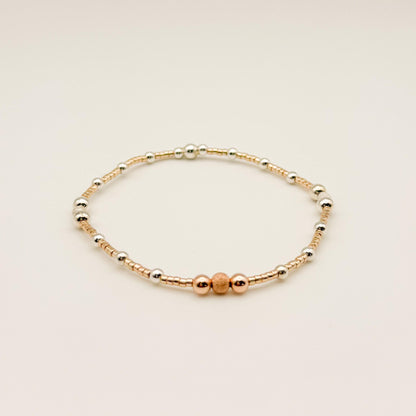 14k Rose Gold Filled & Sterling Silver Beaded Bracelet Stack | Waterproof, Non-Tarnish
