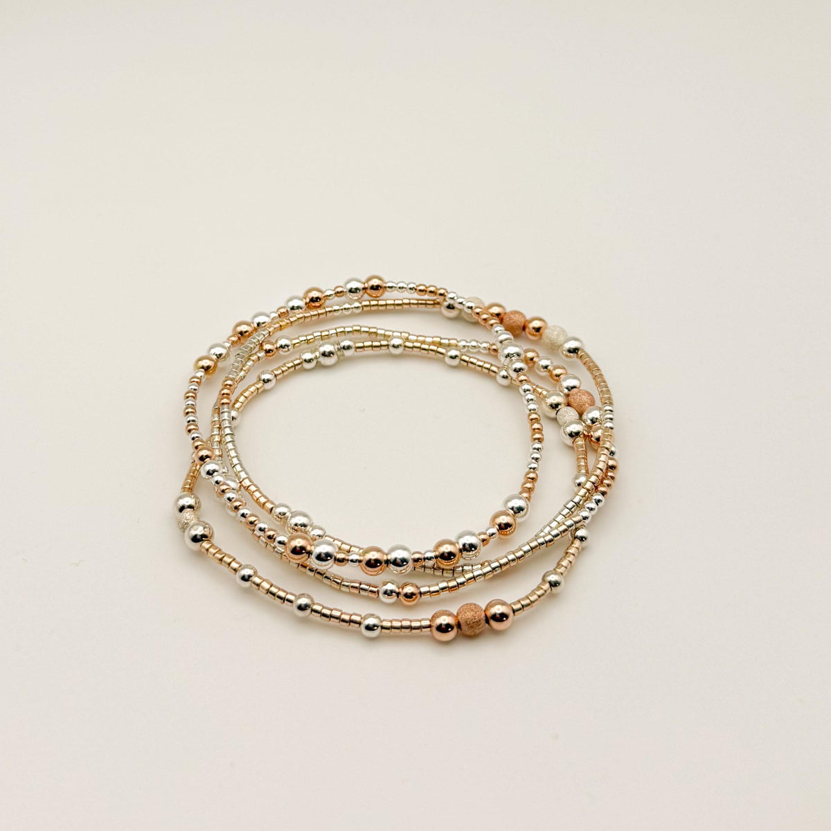 14k Rose Gold Filled & Sterling Silver Beaded Bracelet Stack | Waterproof, Non-Tarnish