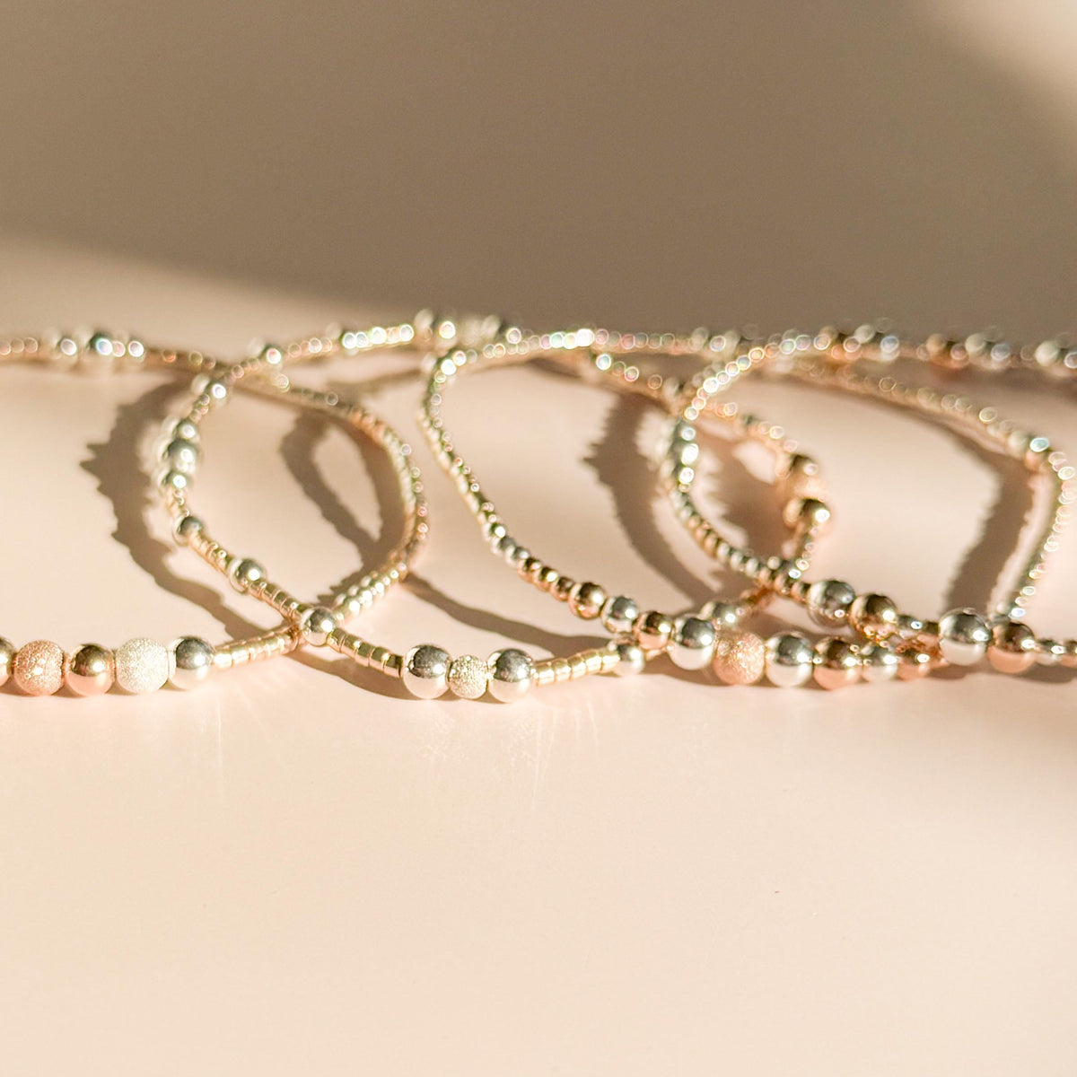 14k Rose Gold Filled & Sterling Silver Beaded Bracelet Stack | Waterproof, Non-Tarnish