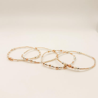 14k Rose Gold Filled & Sterling Silver Beaded Bracelet Stack | Waterproof, Non-Tarnish