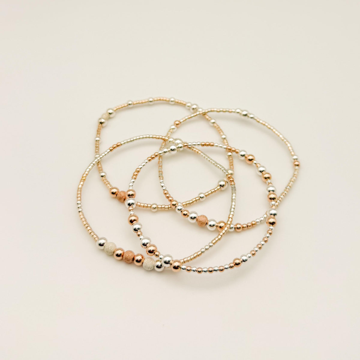 14k Rose Gold Filled & Sterling Silver Beaded Bracelet Stack | Waterproof, Non-Tarnish