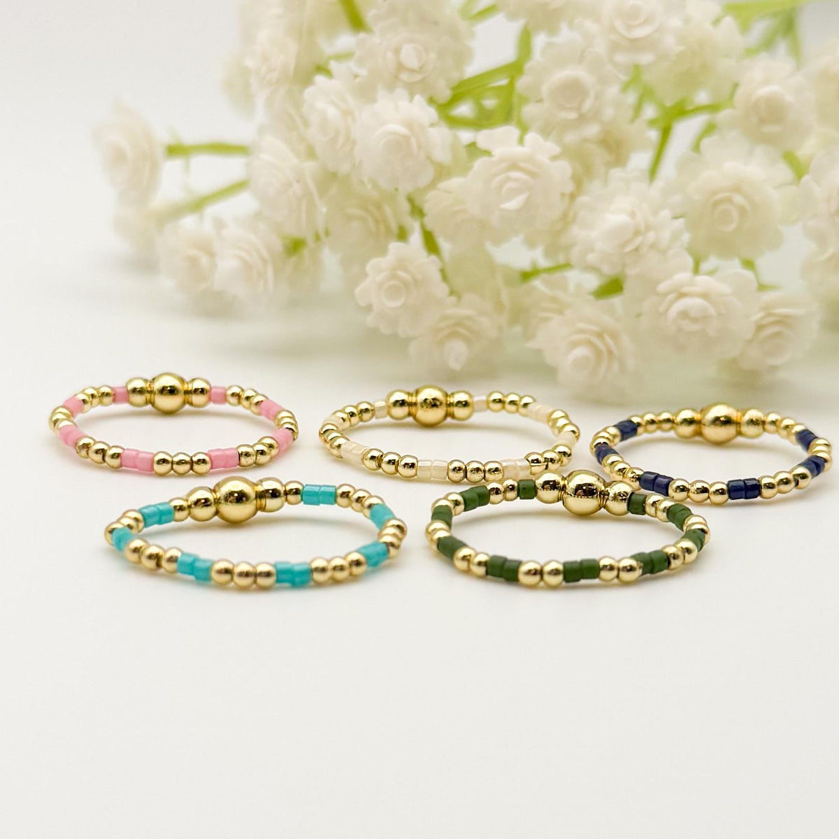 Color Block Beaded Rings | 18k Gold Filled Rings with Colorful Seed Beads | Stacking Rings | Stretch