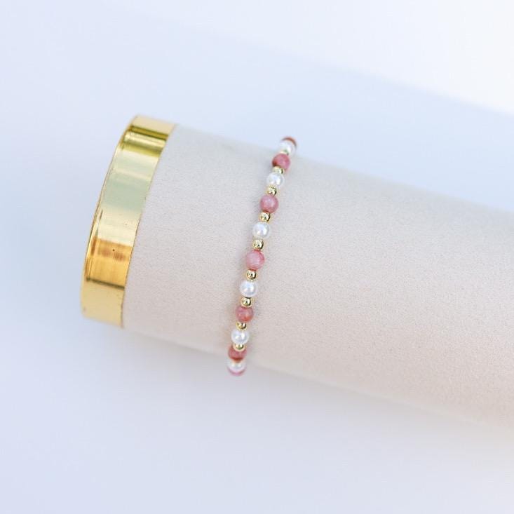 Gemstone Stretch Bracelet | 18k gold filled beaded bracelet with rose gemstones | Beaded pearl Bracelet | Summer | stone with pearls