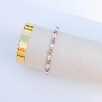 Gemstone Stretch Bracelet | 18k gold filled beaded bracelet with rose gemstones | Beaded pearl Bracelet | Summer | stone with pearls