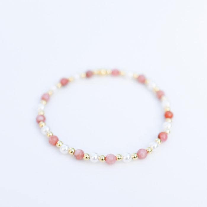 Gemstone Stretch Bracelet | 18k gold filled beaded bracelet with rose gemstones | Beaded pearl Bracelet | Summer | stone with pearls