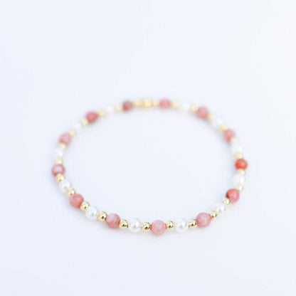 Gemstone Stretch Bracelet | 18k gold filled beaded bracelet with rose gemstones | Beaded pearl Bracelet | Summer | stone with pearls