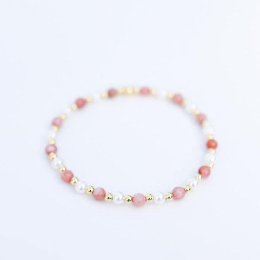 Gemstone Stretch Bracelet | 18k gold filled beaded bracelet with rose gemstones | Beaded pearl Bracelet | Summer | stone with pearls