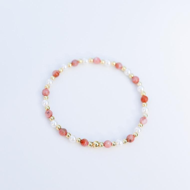 Gemstone Stretch Bracelet | 18k gold filled beaded bracelet with rose gemstones | Beaded pearl Bracelet | Summer | stone with pearls