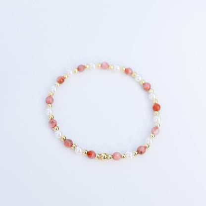 Gemstone Stretch Bracelet | 18k gold filled beaded bracelet with rose gemstones | Beaded pearl Bracelet | Summer | stone with pearls