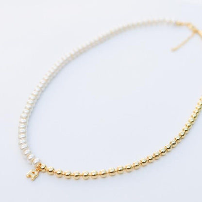 Half and Half Initial Necklace| 18k Gold Filled Beads with Pearl Beads | Bubble Letter Necklace| Gold Beaded Necklace