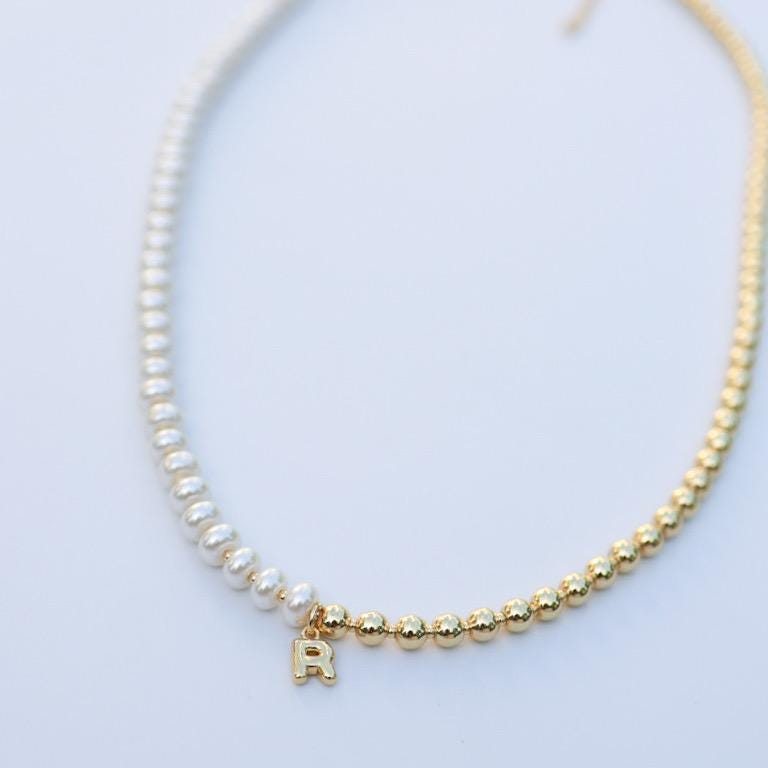 Half and Half Initial Necklace| 18k Gold Filled Beads with Pearl Beads | Bubble Letter Necklace| Gold Beaded Necklace