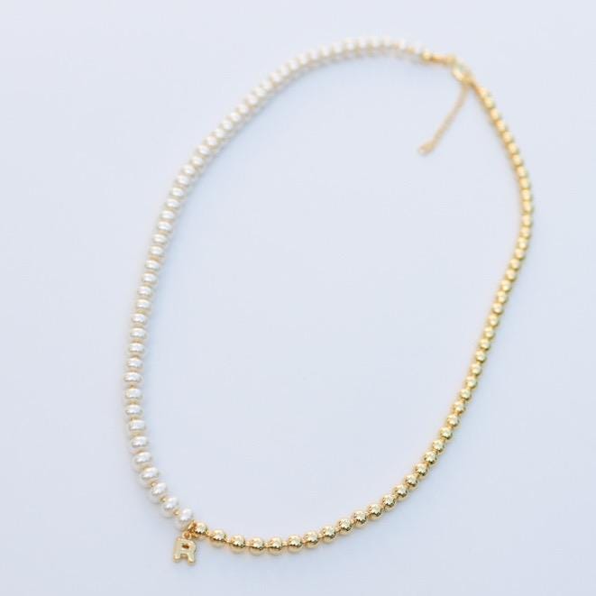 Half and Half Initial Necklace| 18k Gold Filled Beads with Pearl Beads | Bubble Letter Necklace| Gold Beaded Necklace
