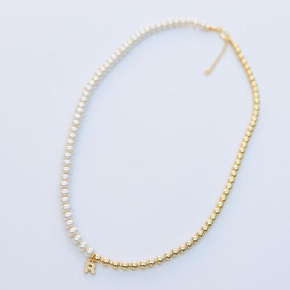 Half and Half Initial Necklace| 18k Gold Filled Beads with Pearl Beads | Bubble Letter Necklace| Gold Beaded Necklace