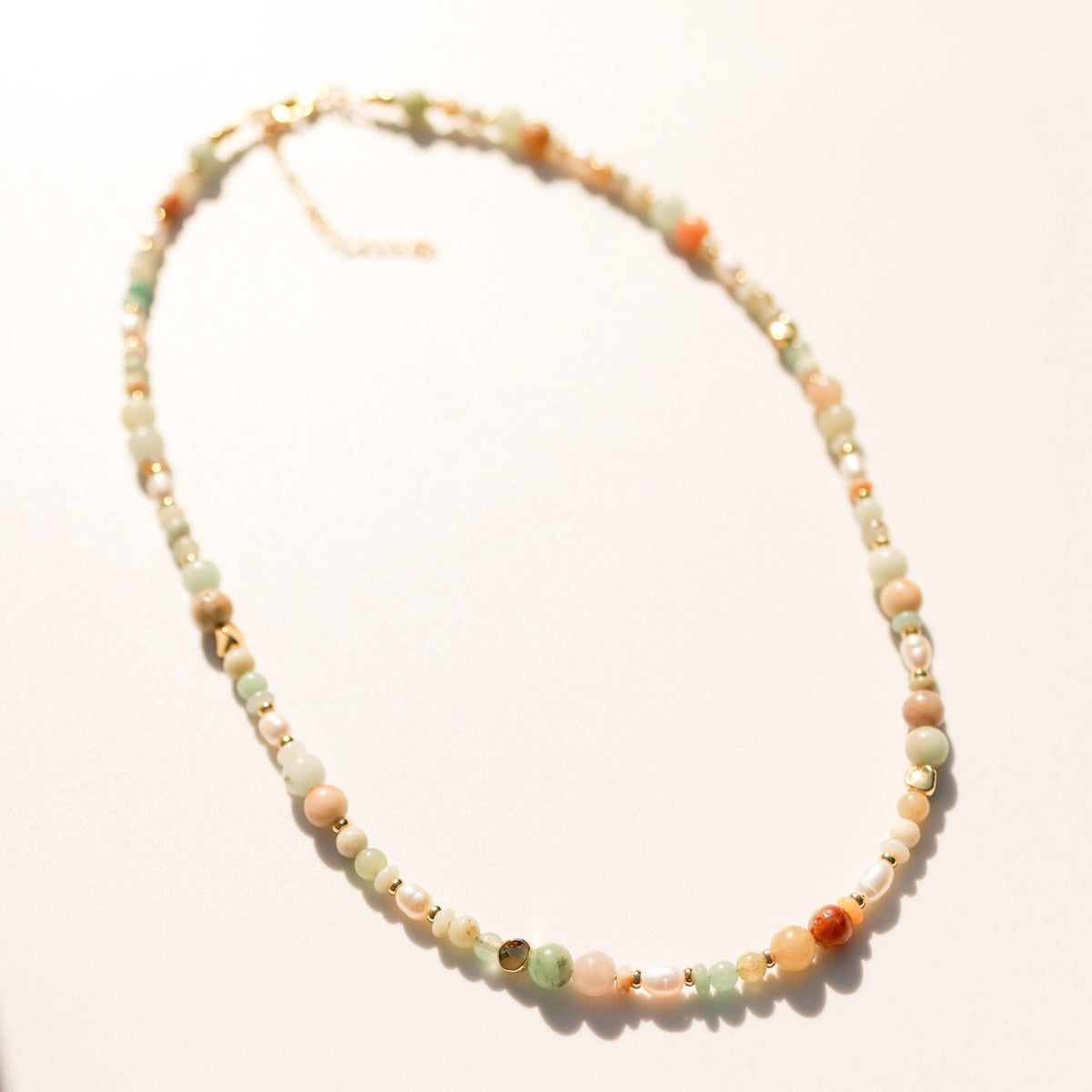 Amazonite & Imperial Jade with Cultured Pearls | 18k Gold Filled Beads with Red and Turquoise Beads and Chain Necklace | Layered Necklace