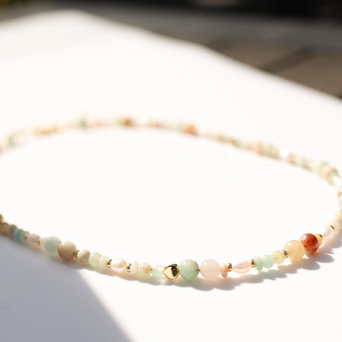 Amazonite & Imperial Jade with Cultured Pearls | 18k Gold Filled Beads with Red and Turquoise Beads and Chain Necklace | Layered Necklace