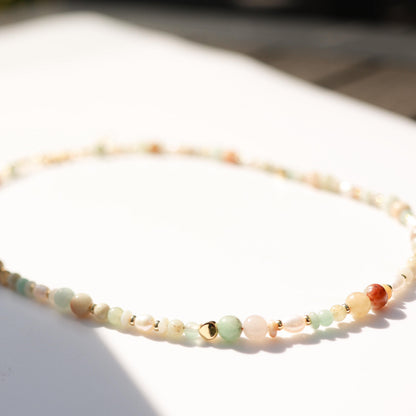 Amazonite & Imperial Jade with Cultured Pearls | 18k Gold Filled Beads with Red and Turquoise Beads and Chain Necklace | Layered Necklace