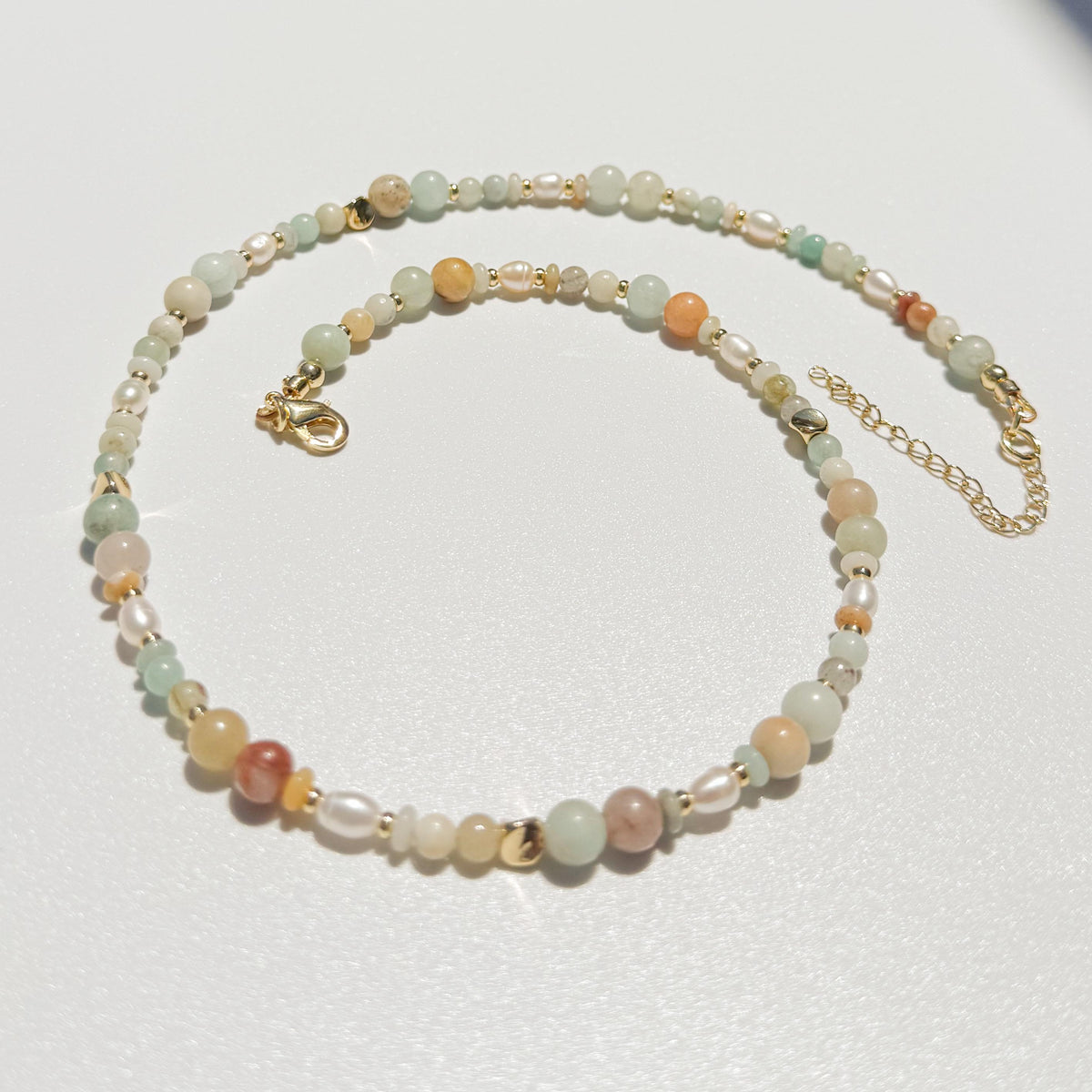 Amazonite & Imperial Jade with Cultured Pearls | 18k Gold Filled Beads with Red and Turquoise Beads and Chain Necklace | Layered Necklace