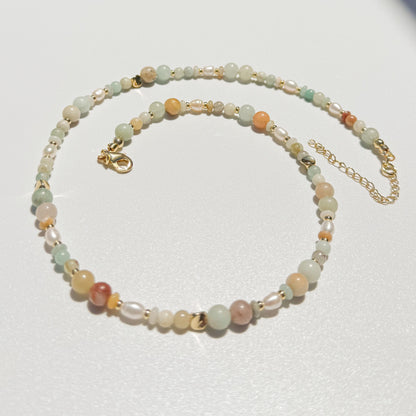 Amazonite & Imperial Jade with Cultured Pearls | 18k Gold Filled Beads with Red and Turquoise Beads and Chain Necklace | Layered Necklace