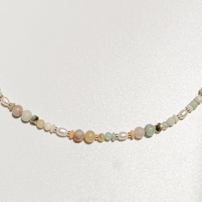Amazonite & Imperial Jade with Cultured Pearls | 18k Gold Filled Beads with Red and Turquoise Beads and Chain Necklace | Layered Necklace